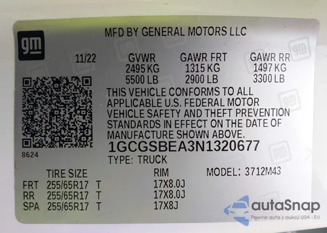 2022 Chevrolet Colorado 2Wd Short Box Wt z USA, uszkodzony, nr VIN 1GCGSBEA3N1320677